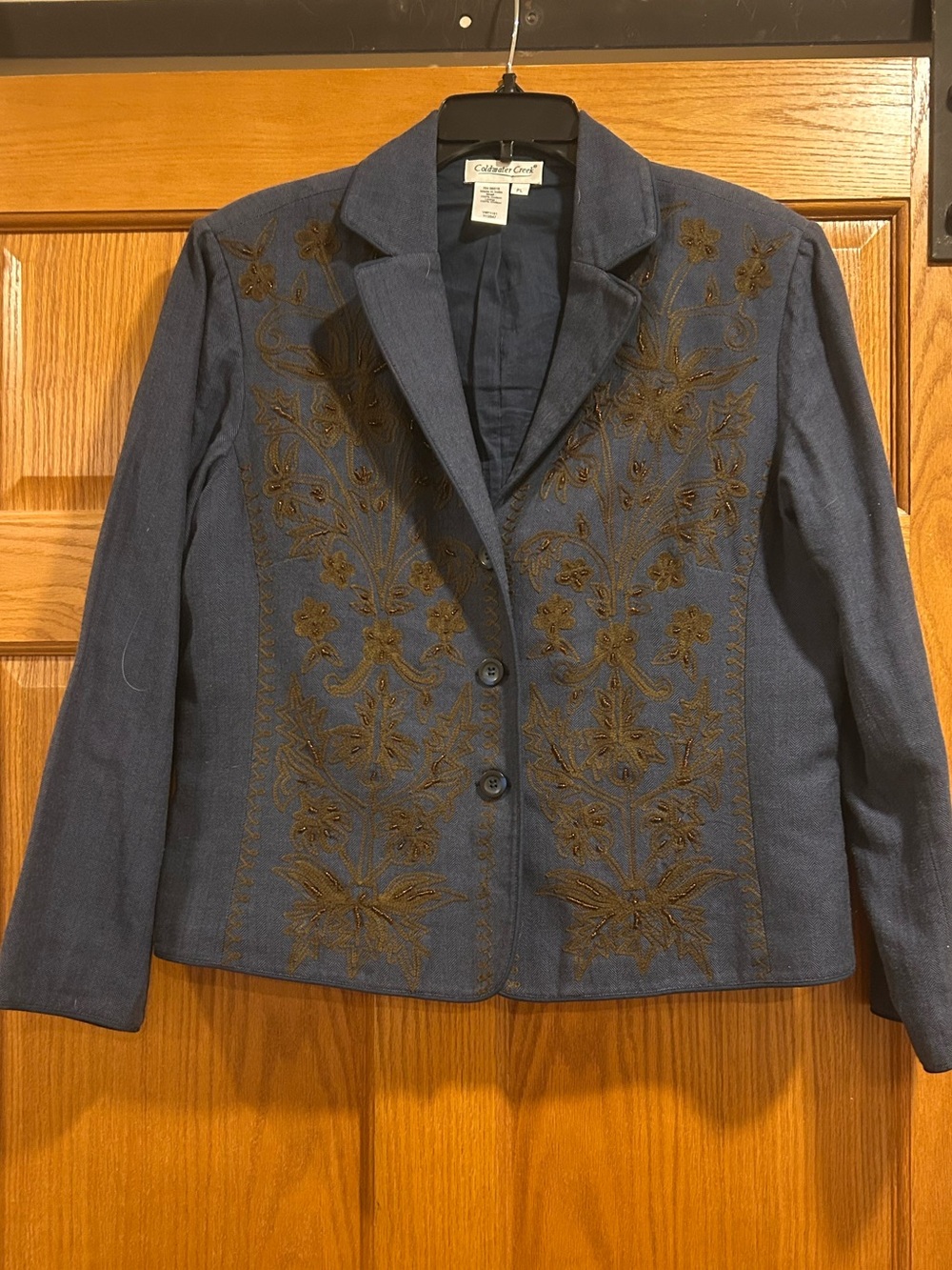 Coldwater Creek Blue Herringbone Blazer,  Floral Embroidery & Beads Petite Large